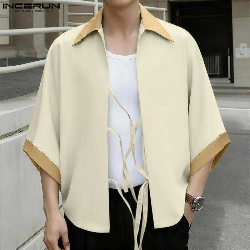 

INCERUN Мужская рубашка в стиле пэчворк с лацканами и рукавами 3/4, повседневная мужская одежда с открытой строчкой, уличная одежда, свободные модные мужские рубашки в корейском стиле