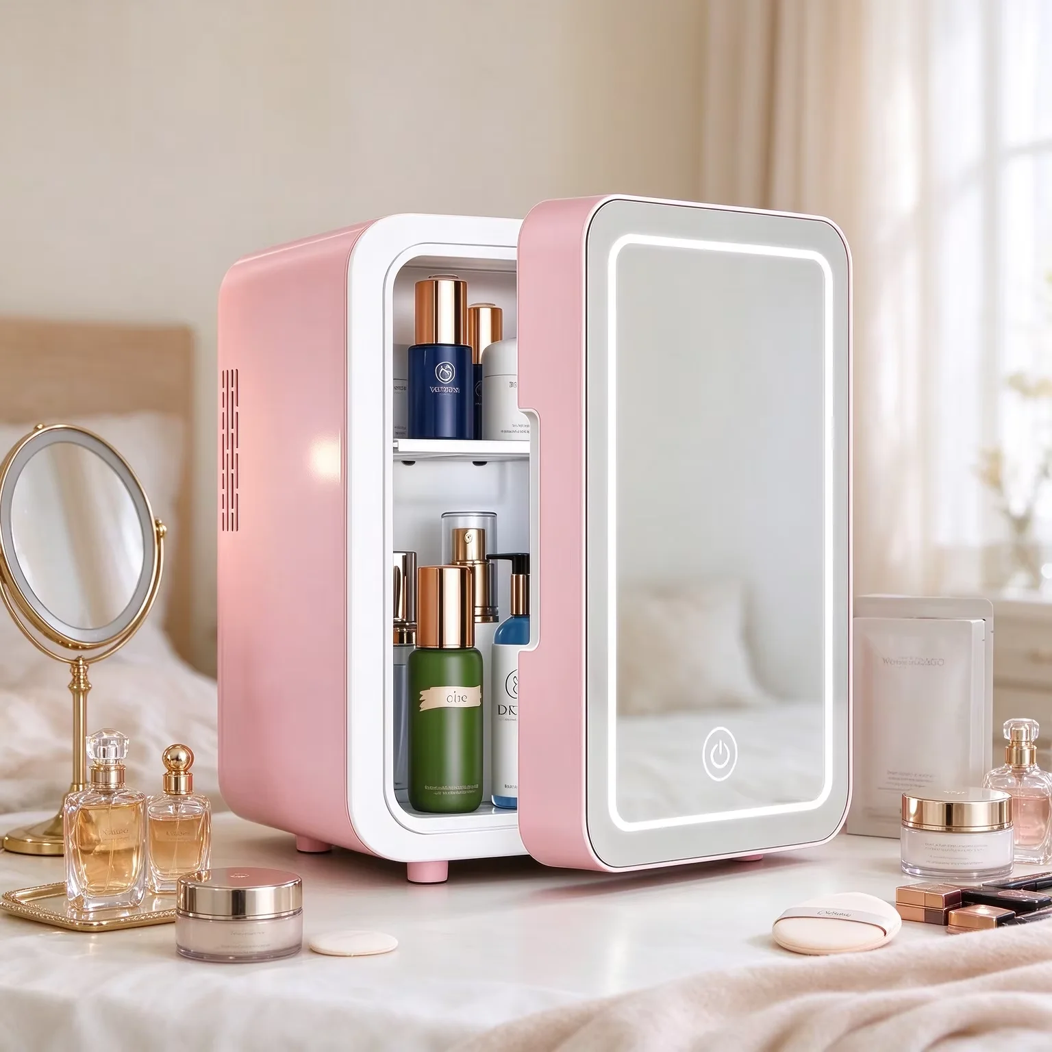 Mini Beauty Fridge with LED Mirror Door Portable Skincare Cooler for Cosmetics Perfume and Makeup Storage for Desktop Home