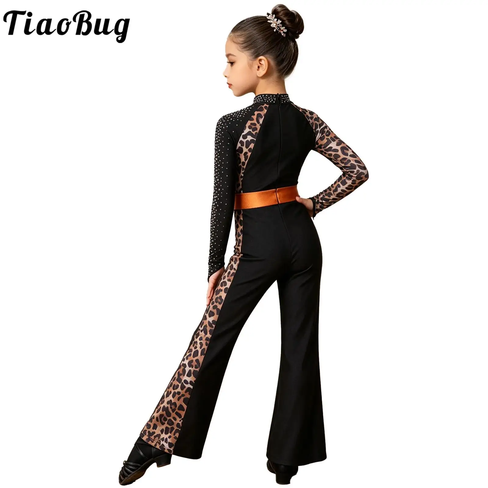 Kids Girls Leopard Latin Jazz Dance Jumpsuit Tango Rumba Samba Dancewear Rhinestone Long Sleeves Printed Bell-bottom Bodysuit