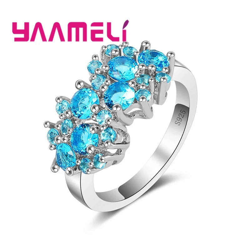 Elegance Beautiful Flowers 925 Sterling Silver Color Rings Jewelry Prong Setting Sparkling Light Blue Clear CZ Women Anillos