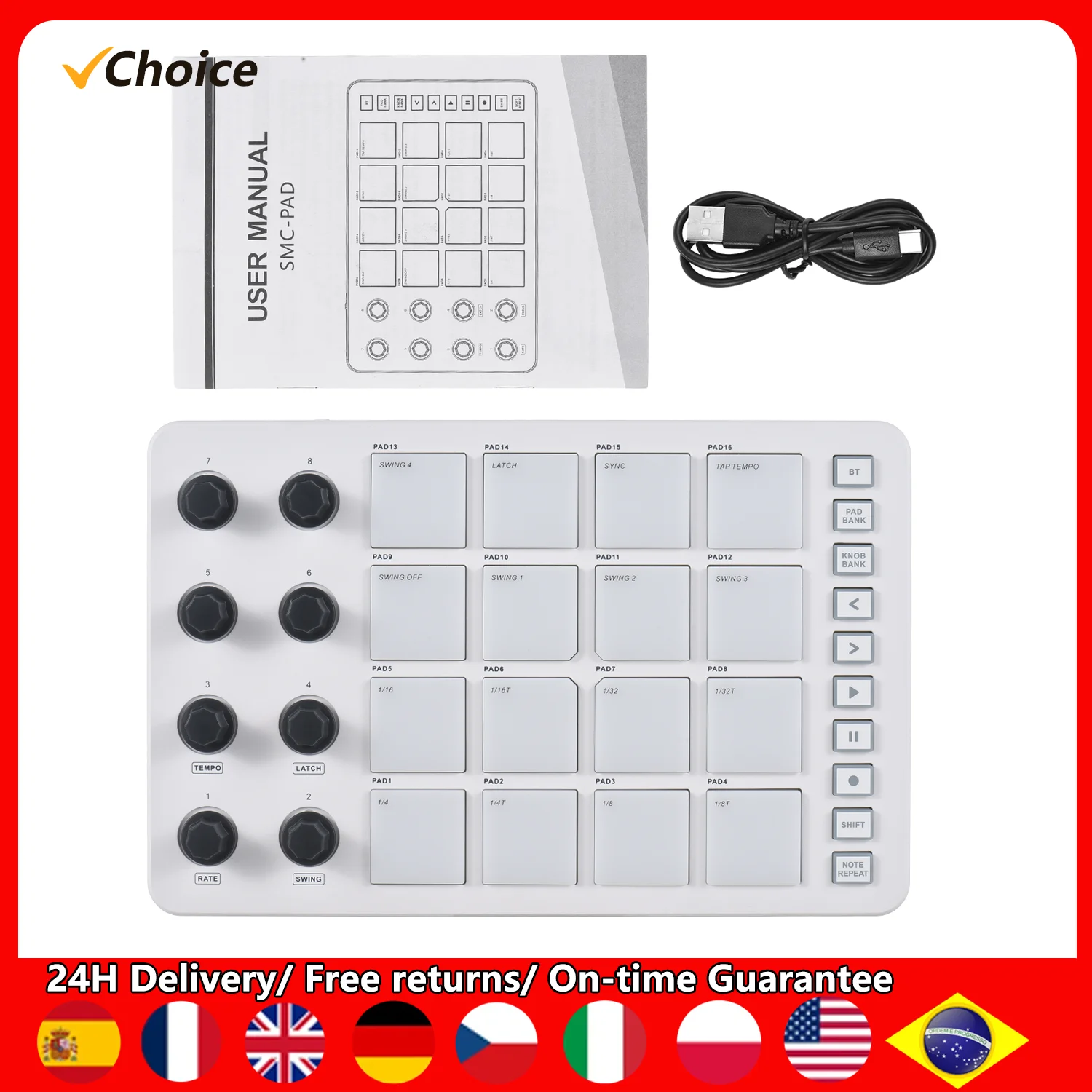 MIDI Controller Strike Pad RGB Backlight MIDI Keyboard BT Connection Low Latency 3.5mm Output Interface with MIDI Pad SMC-PAD