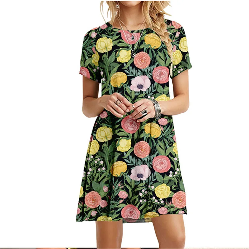 3D Green Leaves Floral Printed Mini Dress For Women 2022 Summer Loose Oversized Casual Short Sleeve O-Neck A-Line Dress Sundress