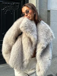 TRAF 2024 Women Fashion Cropped Faux Fur Jacket Coat Long Sleeve Front Snap-button Female Outerwear Chic Lapel Collar Thick Coat