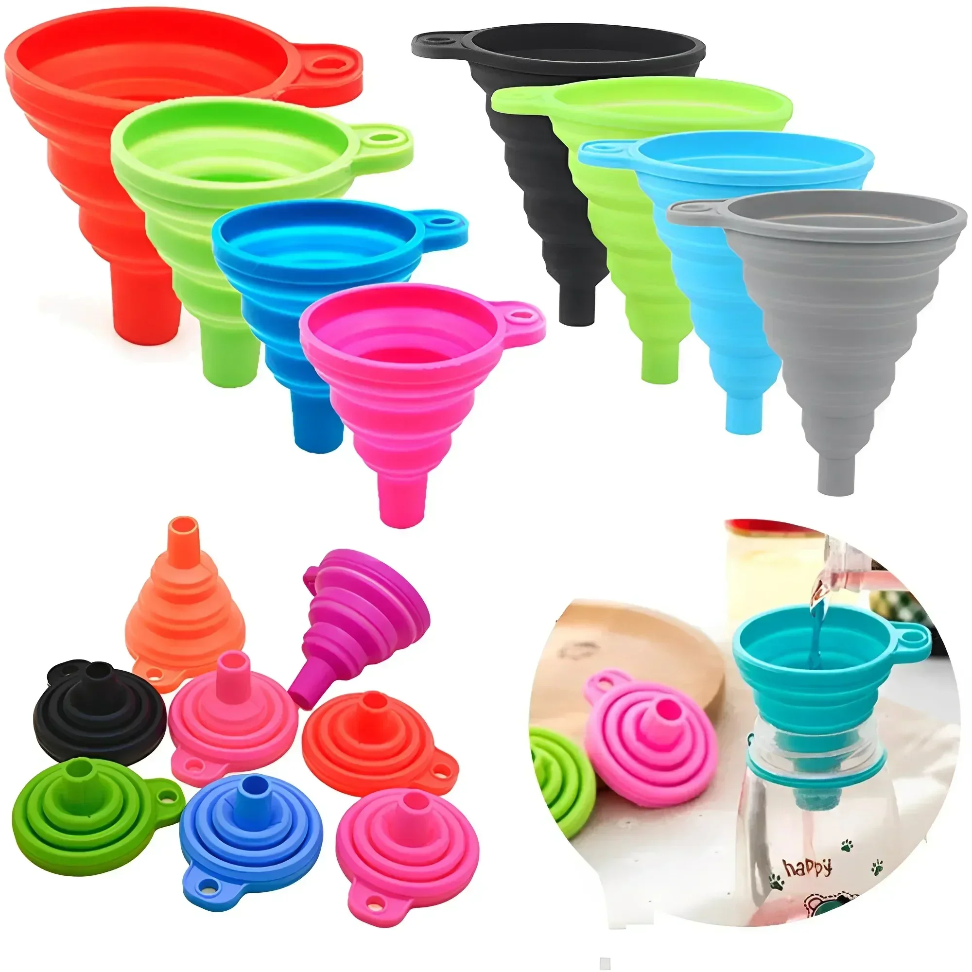 Foldable silicone liquid funnel, portable mini filling funnel, for storing cooking oil, sauces, juices, and car windshield washe