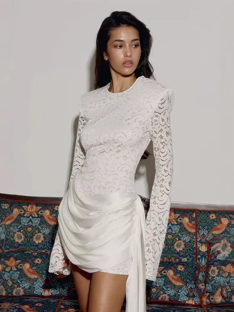 

Backless Women Lace Mini Dress Elegant Chic Long Sleeve Patchwork Ribbon Pleated Slim Dresses 2026 Lady Evening Party Vestidos