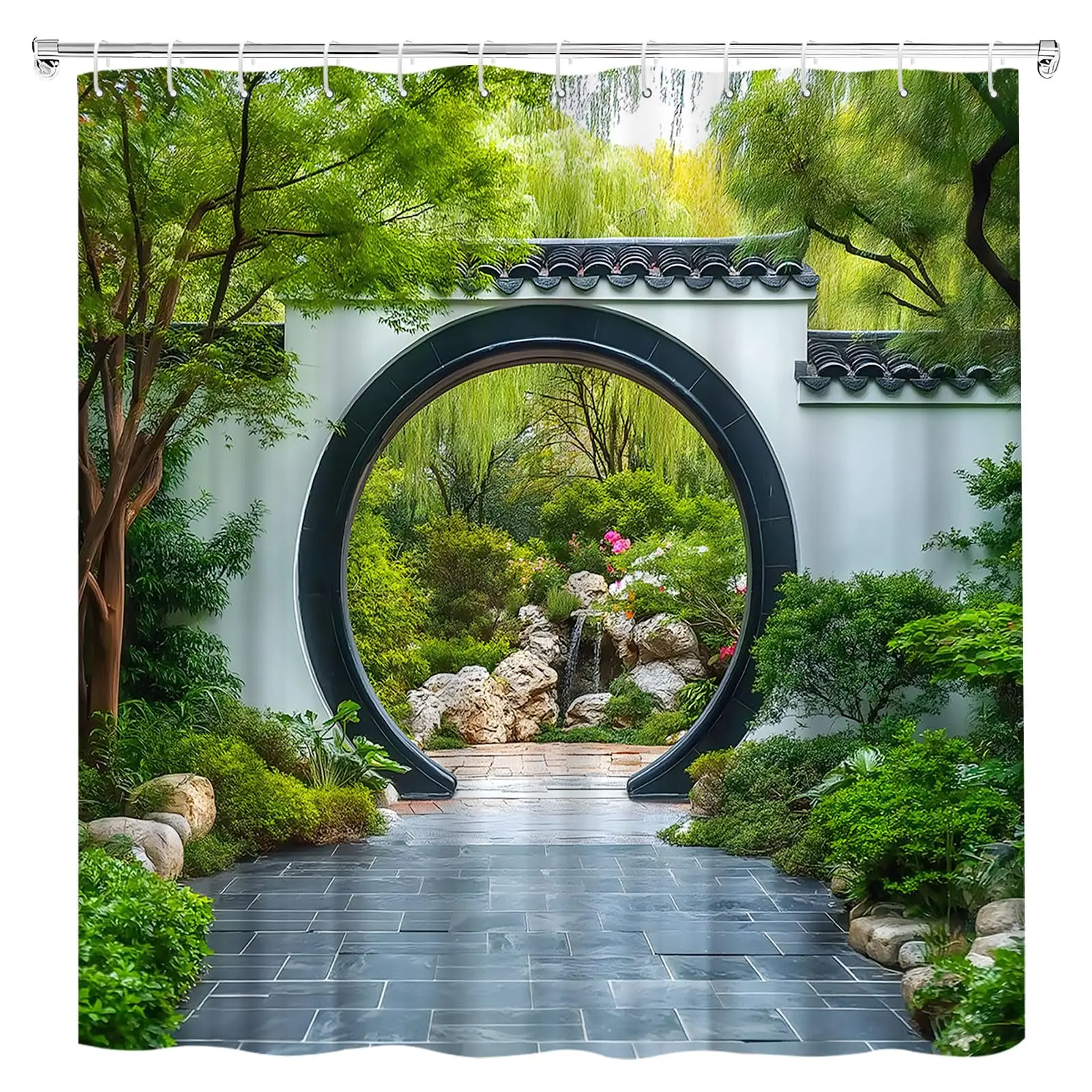 Chinese Garden Shower Curtain Lotus Floral Asian Oriental Mountain Ink Paintings Courtyard Pavilion Nature Bathroom Curtain