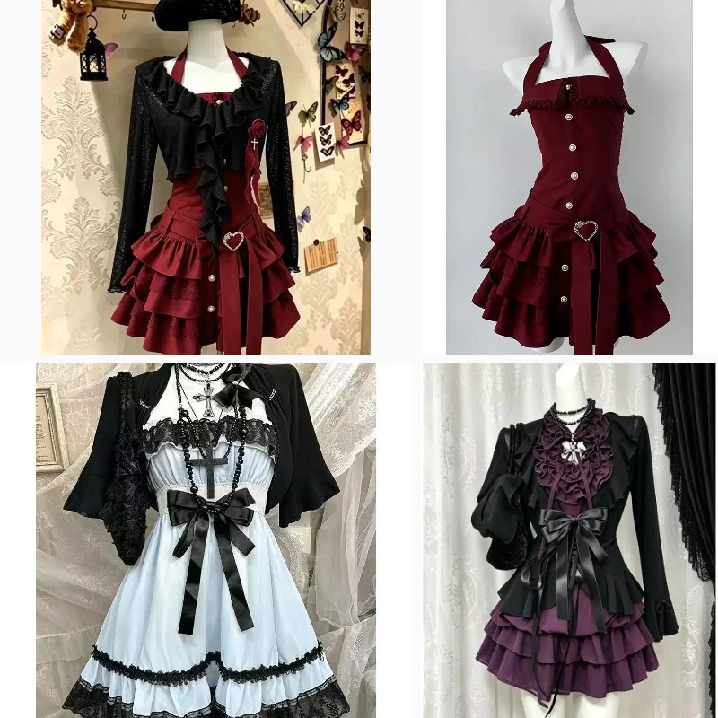 Gothic Punk Party Lolita Kleid Set Damen Japanischer Harajuku Y2K Vintage Mini-Kleid Kurze Strickjacke Zweiteiliges Outfit