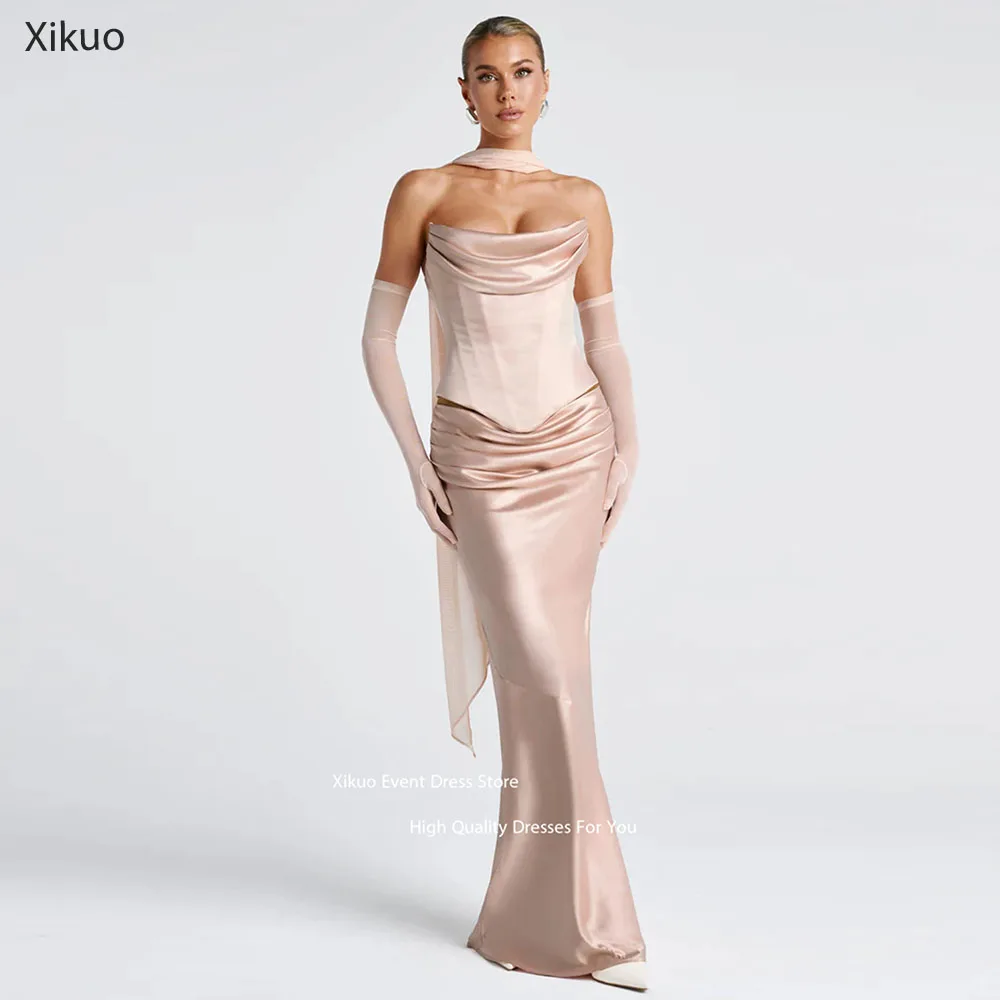 

Xikuo Strapless Cowl Neck Evening Dress Ribbons Ruched Vestidos De Fiesta Elegantes Mermaid Abiti Da Cerimonia Donna Customized