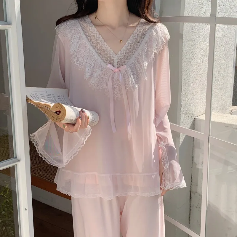 Pijama de manga larga para mujer, ropa de dormir de gasa de encaje Modal, traje de Casa de viento de princesa dulce, cuello en V, ropa de salón de verano, primavera y otoño