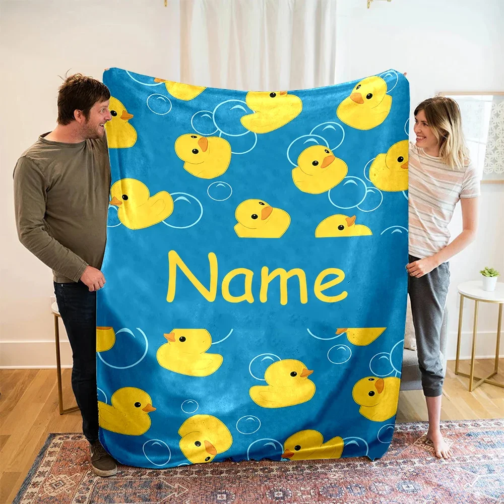 Customized Name Personalized Blanket Yellow Duck Princess Cars Print Blanket Birthday Christmas Gift Sofa Bed Camping Blanket