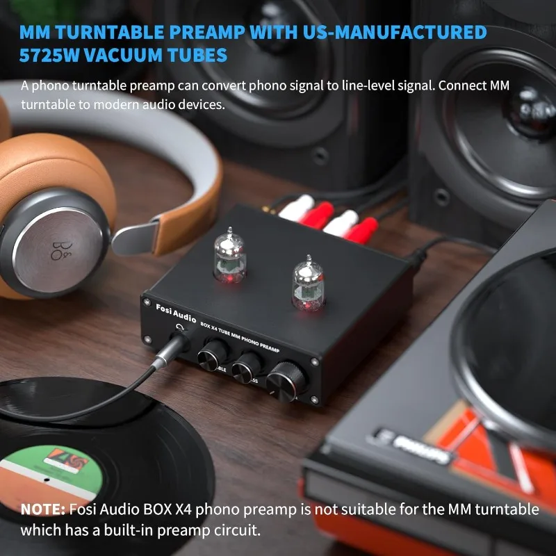 Box X4 Phono Preamp with JAN 5725W Vacuum Tubes for MM Turntable Phonograph Record Player with Volume Bass Treble