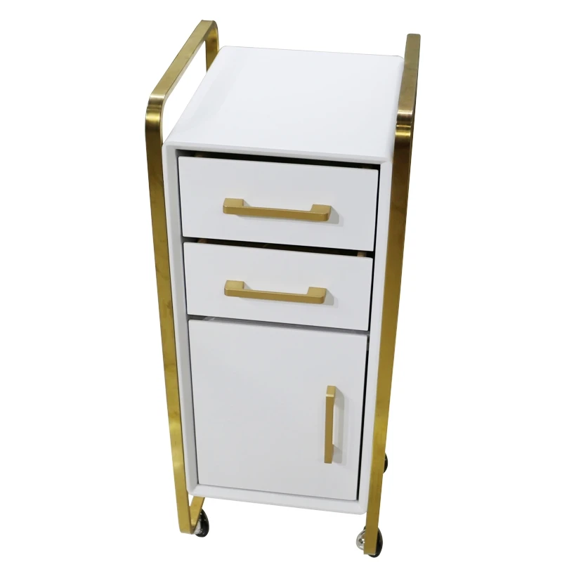 

Detachable Golden Table Corner Nail Table With Three Storage Cabinets And Drawer Trolley