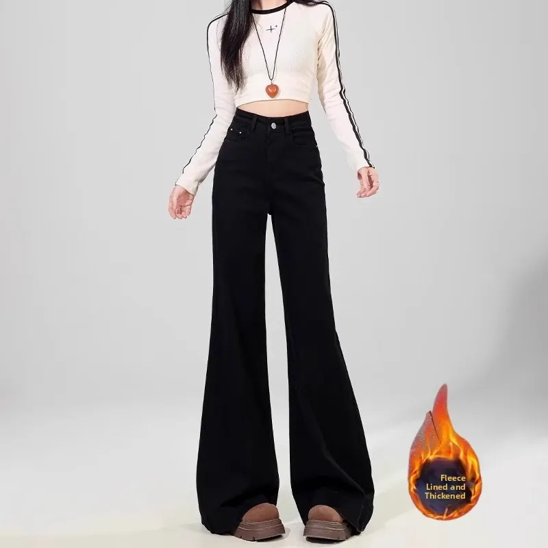 

Зимние теплые джинсы-колокольчики на подкладке, женские свободные длинные хлопковые эластичные джинсовые брюки с высокой талией, расклешенные микро-брюки