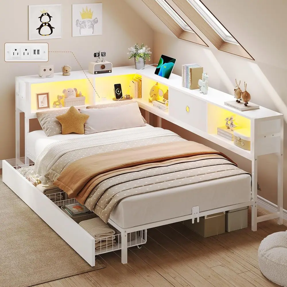 

Двуспальная кровать DICTAC с книжным шкафом для хранения, светодиодной подсветкой, металлическим каркасом, ящиками для хранения и зарядной станцией