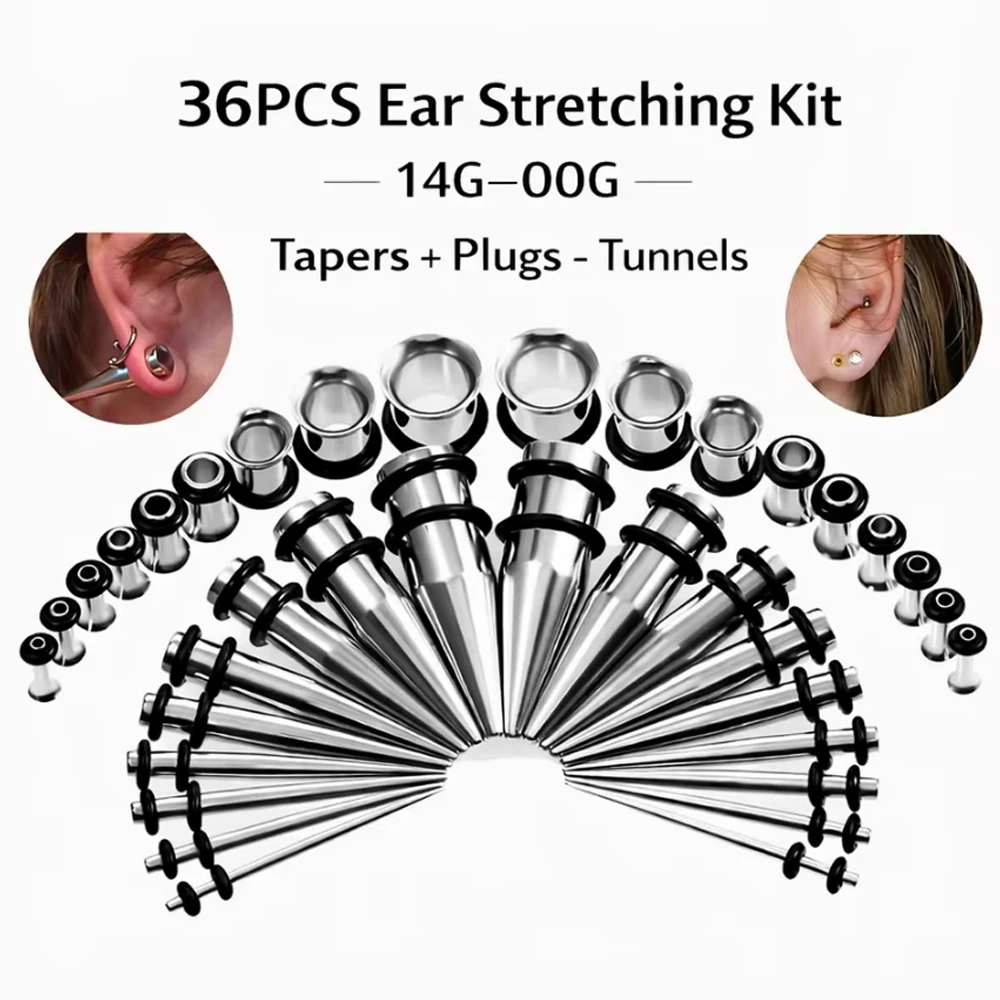 36pcs/lot Tapers Plugs Tunnel Sets 14G-00G Ear Gauges Stretching Kit for Women Men Flesh Flare Ear Expander Piercings Oreja