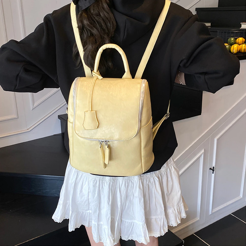 

Vintage Women Solid Color Backpacks Pu Leather Zipper Shoulder Bags College School Bag Large Caapcity Versatile Travel Packs