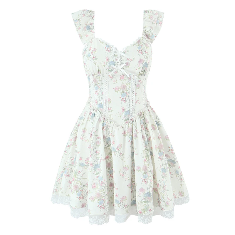 우아한 플로럴 프린트 미니 드레스 여성 스윗 걸 레이스 스플라이스 백리스 A라인 플라잉 슬리브 드레스 2025 신상 여름 휴가 로브