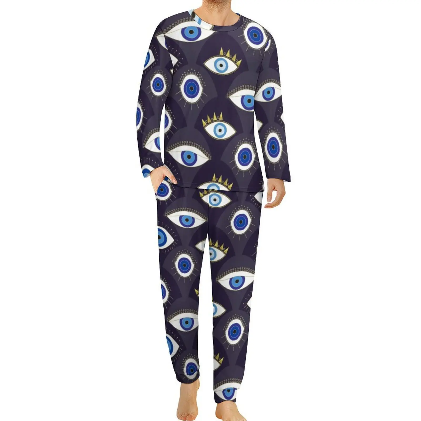 

Evil Eye Print Pajamas Daily Protect Me Sleep Nightwear Men 2 Piece Graphic Long Sleeves Retro Oversize Pajama Sets