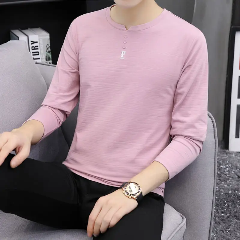 Autumn Winter Fashion Korean Simple Temperament T-shirt Man Long Sleeve Cotton V-neck Solid Color Top Pullover Casual Streetwear