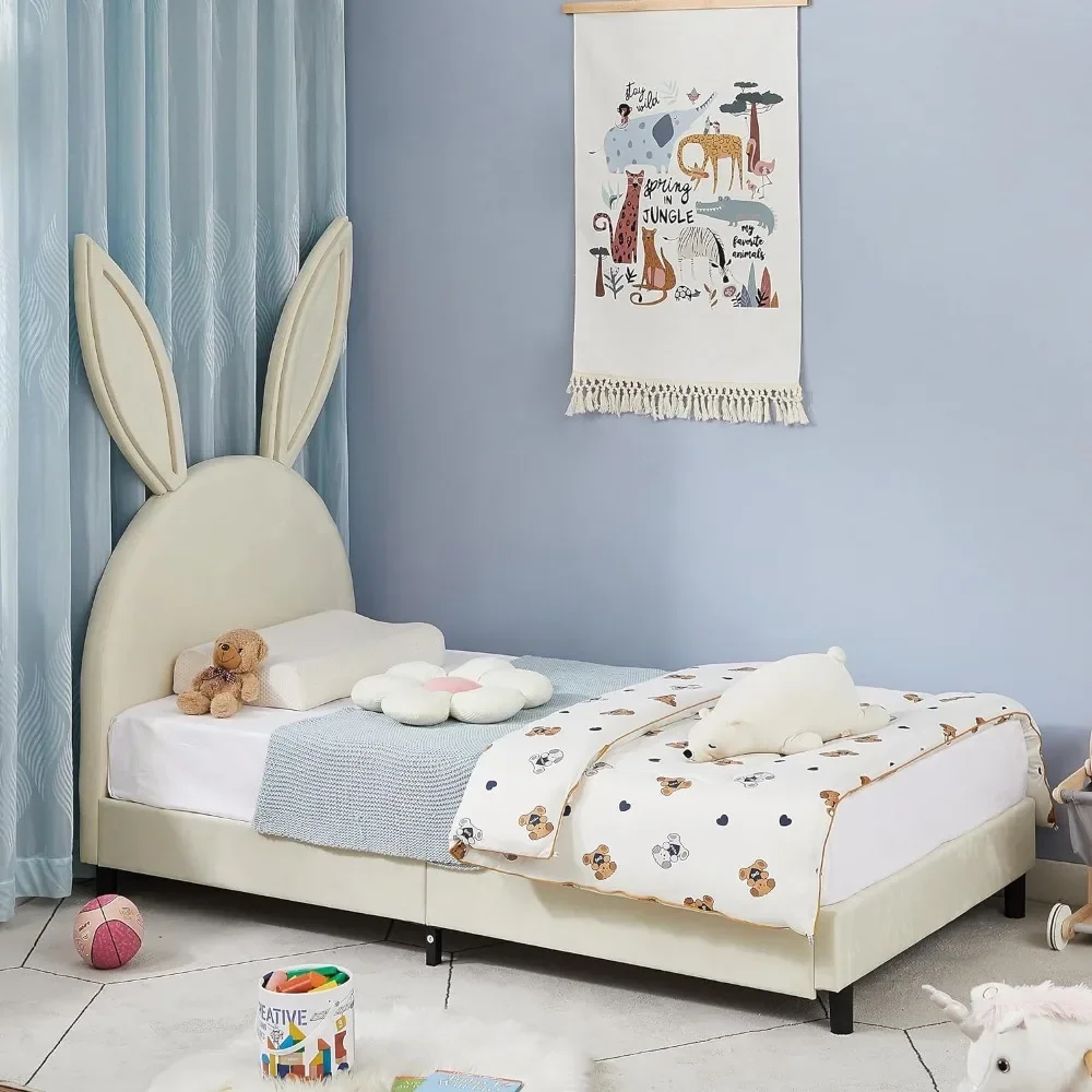 Marco de cama individual para niños, cabecero acolchado, cama de princesa para niñas con 12 soportes planos, cama para niños beige