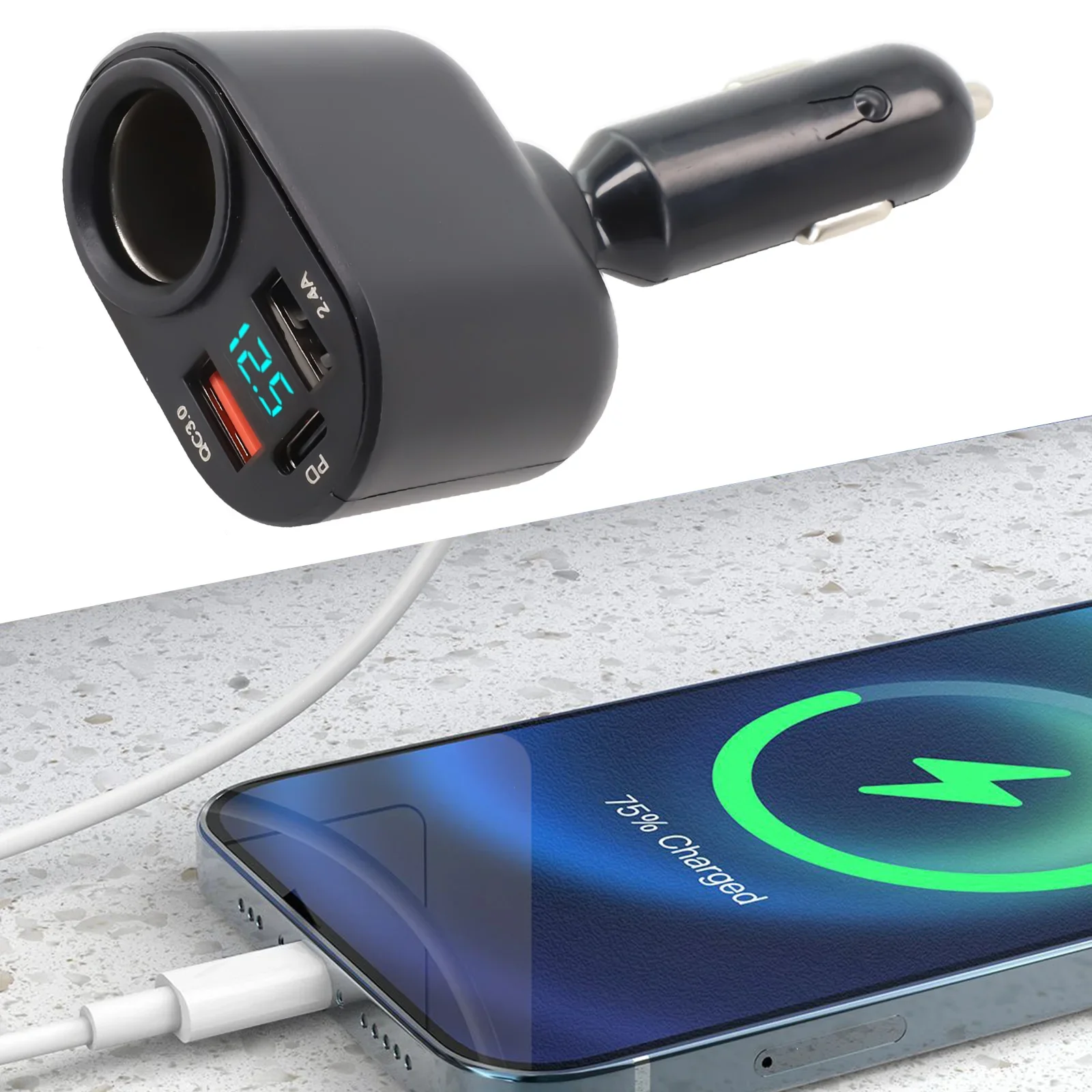 

Автомобильное зарядное устройство с разветвителем розетки 2,4 А, 3 порта USB 360 ° Аксессуары из АБС-пластика, автозапчасти, черный, синий светодиод, быстрая зарядка постоянного тока 5 В, PD