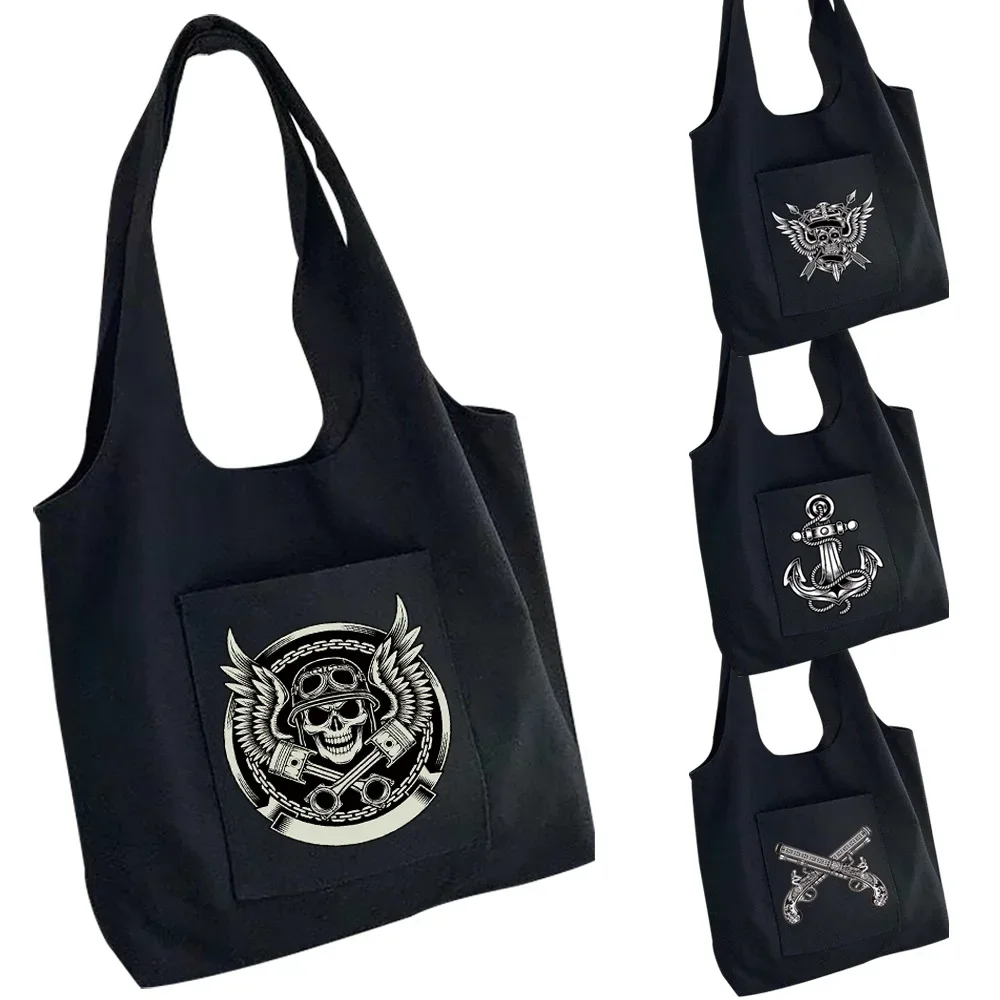 

Canvas Bag Women Handbag Travel Portable One-shoulder Shopping Bag Printing Skull Side Pockets Storage Bags for Women Tote Bag