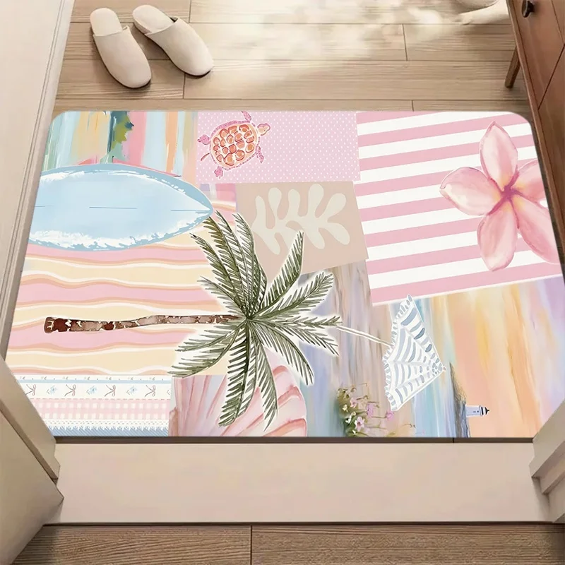 Light Green Abstract Wave Starfish Seashell Print Door Mat Anti Slip Entrance Doormat Minimalist Coastal Beach Pattern Rug
