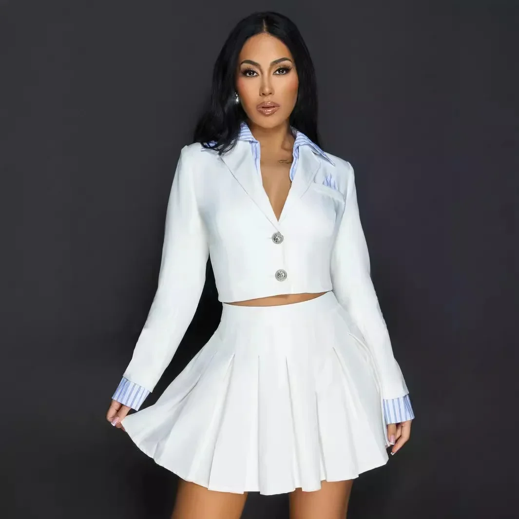 Elegant Women\'s 2 Piece Matching Set Blazer Pleated Skirt Slim Outfits Autumn Winter Clothes Chic Office Lady Two Piece Suits