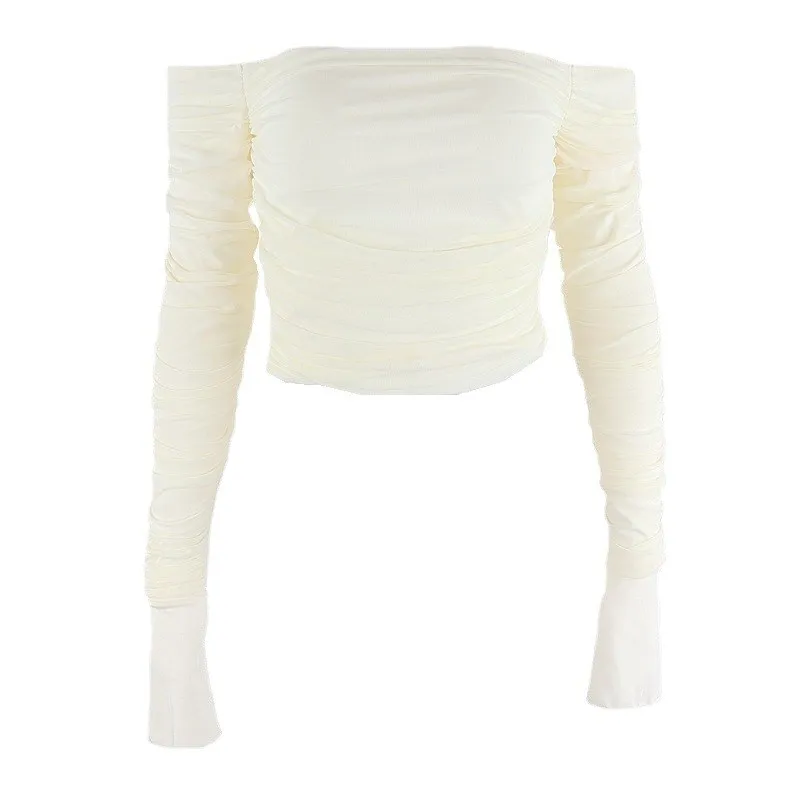 

Sexy off Shoulder Mesh Long Sleeve Crop Tshirt for Women Sweet Style Gathered Hem Long Sleeve Tshirt Pure Color Tshirt