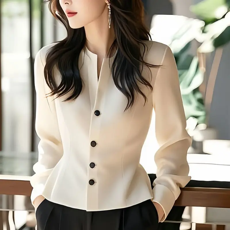 White Waist Pinching Long Sleeved Shirt Cool Unique Korean Style Solid Color Early Autumn New Women\'s Clothing Blouses Shirts