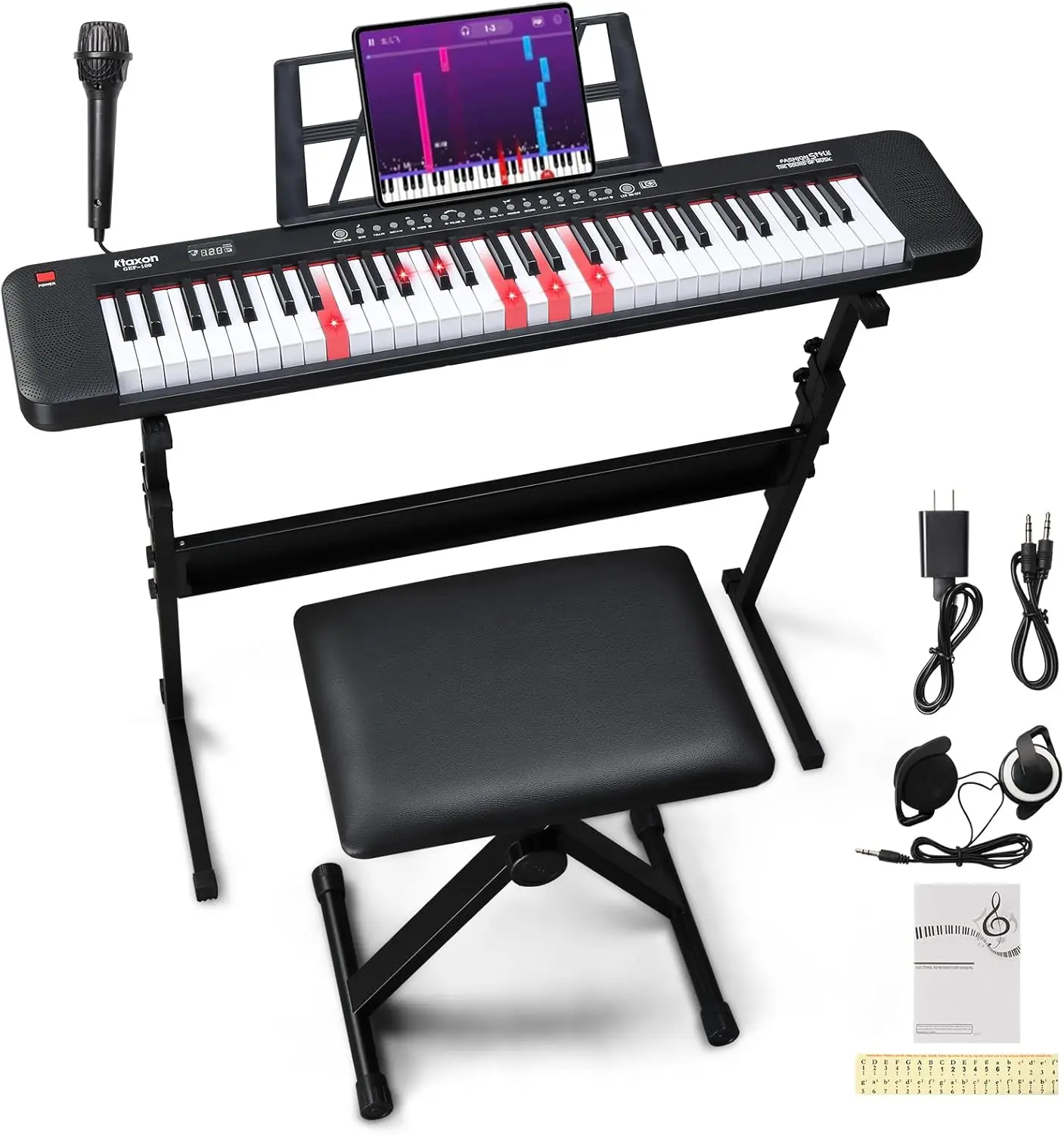 

61-Key Electric Keyboard with Lighted Keys, Headphones, Microphone, Stand & Bench - Compact Black