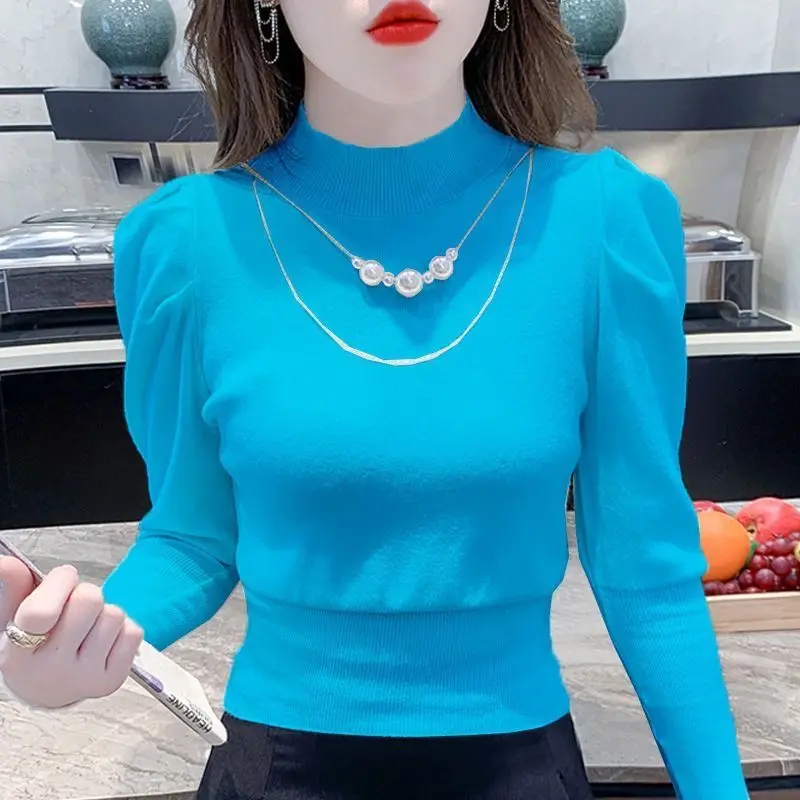 

Bubble Sleeve Sweater for Women Popular New Style Waist Cinching Knit Sweater Versatile Fashionable and Stylish Inner Layer