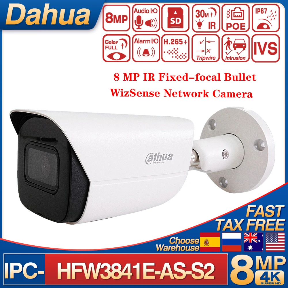 Dahua Original IPC-HFW3841E-AS-S2 8MP Bullet WizSense PoE Network Camera Alarm Audio I/O SMD AI Built-in Mic Network Camera