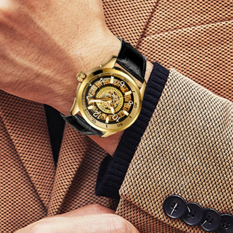 SKROX Original Gold Skeleton Automatic Movement Men's Watch Mechanical Waterproof Male Wrist Watches Leather Strap Luxury Clock