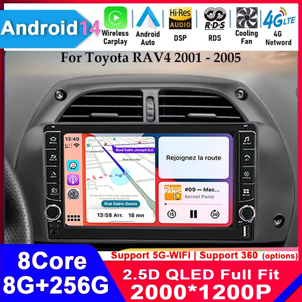 

Android 14 Carplay Auto WIFI+4G For Toyota RAV4 2001 2002 2003 2004 2005 2006 Car Radio Multimedia Player GPS 360 Camera Stereo