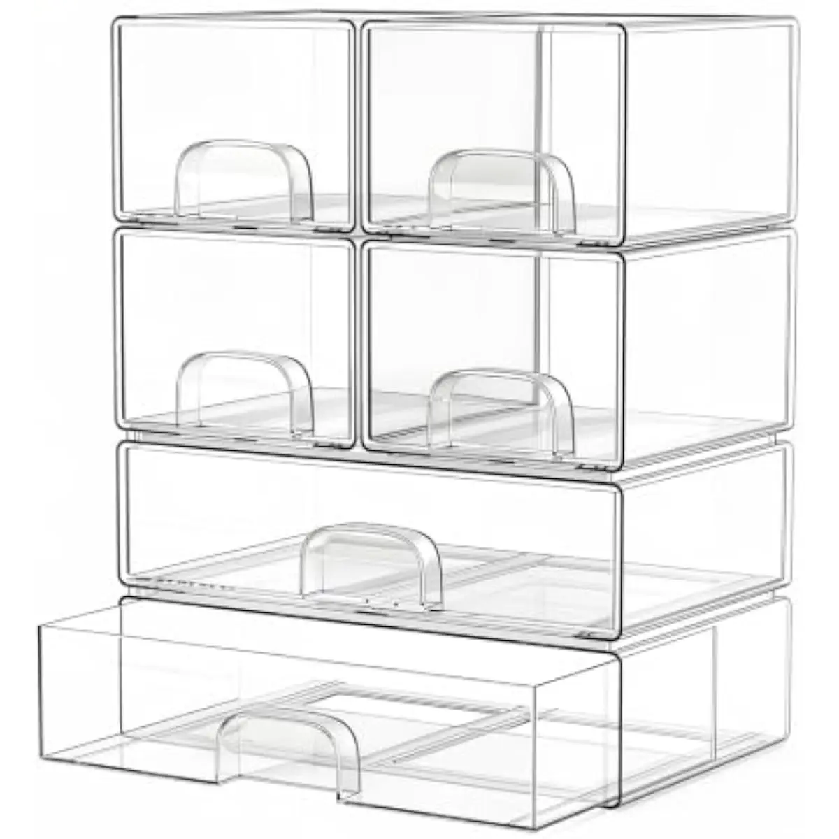 Clear Modular Drawer System 6-Piece Stackable Organizer Set with 4 Compact + 2 Wide Transparent Bins for Bathroom Kitchen Office