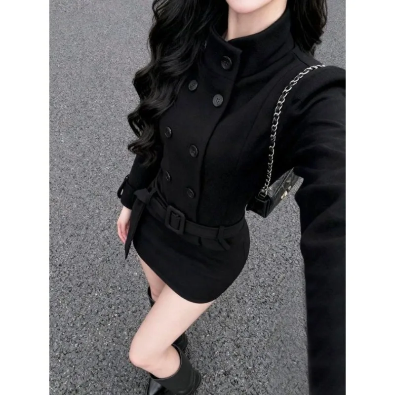 Vintage Korean Fashion Sets Double Breasted Belted Bodycon Coat + Mini Skirt Women Elegant Slim Fit Party Date Night Outfit 2026