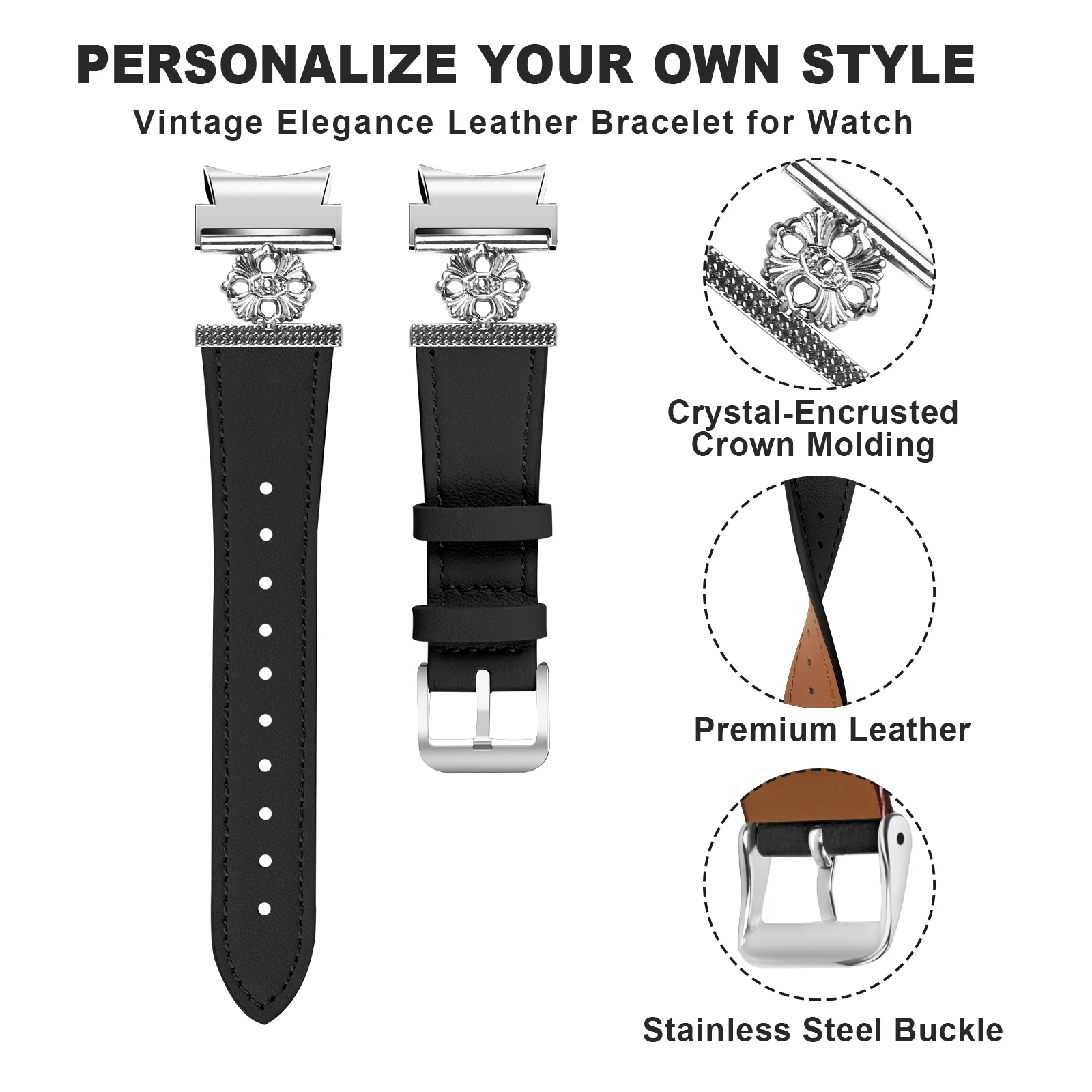 No Gap Strap For Samsung Galaxy Watch 7 6 5 4 Watchband Leather + metal Four Petals Bracelet Band for Watch 5 Pro 45mm 4 Classic image 4