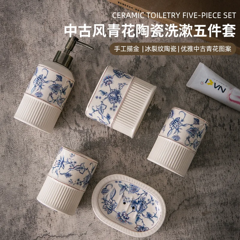 

Bathroom Five Piece Set with Antique Style Blue and White Ceramic Wash Cup, Soap Box, Bathroom Storage, Bathroom and Toilet Set