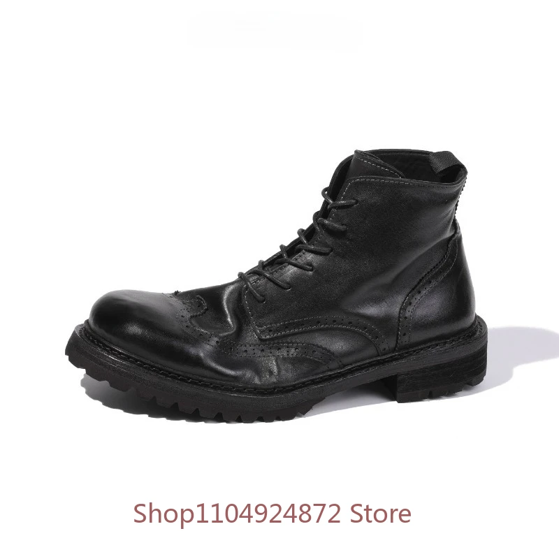 

Handmade Shoes Men's High Top Business Casual Riding British Style Brogue Ankle Boots Male Genuine Leather Chelsea Boots