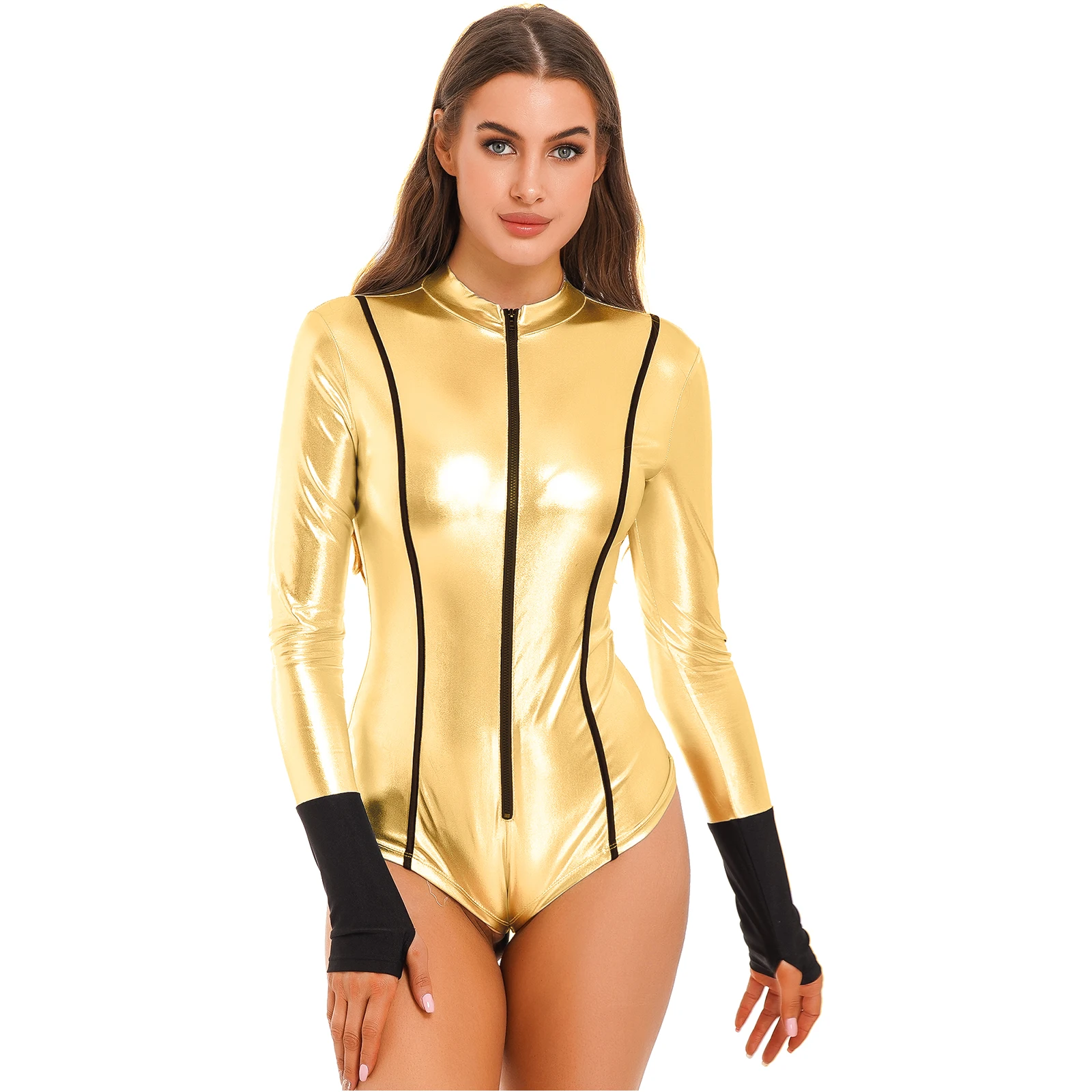 

Womens Clubwear Metallic Shiny Bodysuit Zipper Stand Collar Catsuit Color Block Long Sleeve Leotard Halloween Cosplay Costume