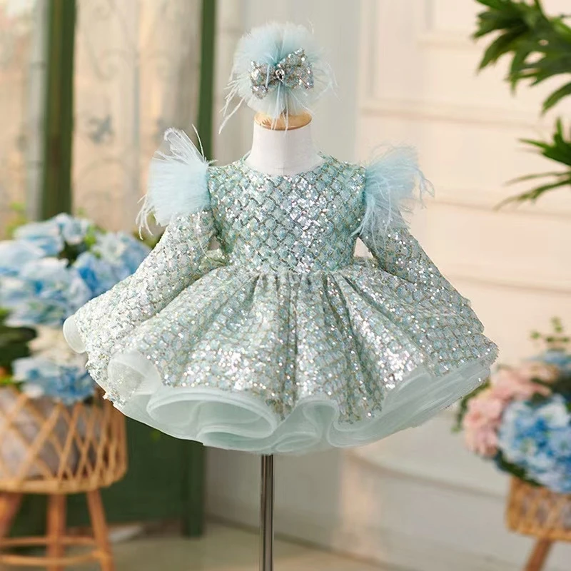 Dreamy Vow Glamorous Girl Dress Long Sleeves Sequin Embellished Feather Trimmed for Party 1st Toddler Knee Length Ball Gown J093