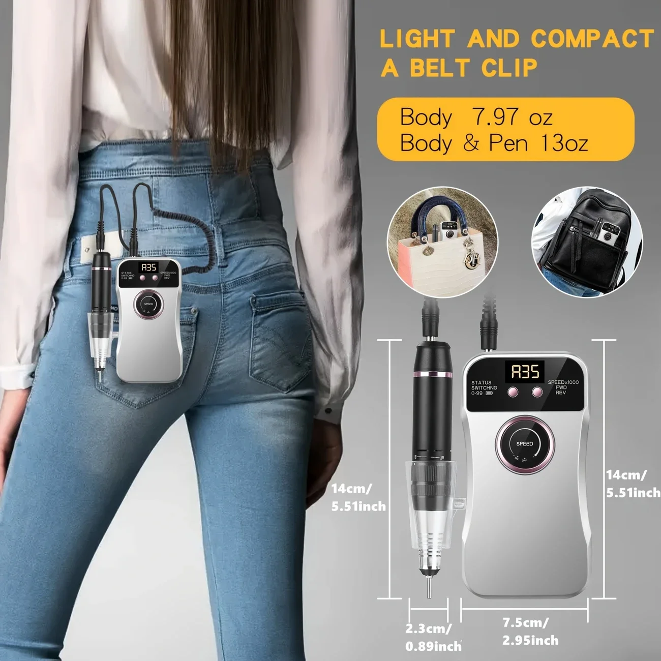 Professional 35000RPM เครื่องเจาะเล็บไฟฟ้าแบบชาร์จไฟได้สําหรับเล็บอะคริลิคเจลกําจัดเล็บมือและเล็บเท้าชุด