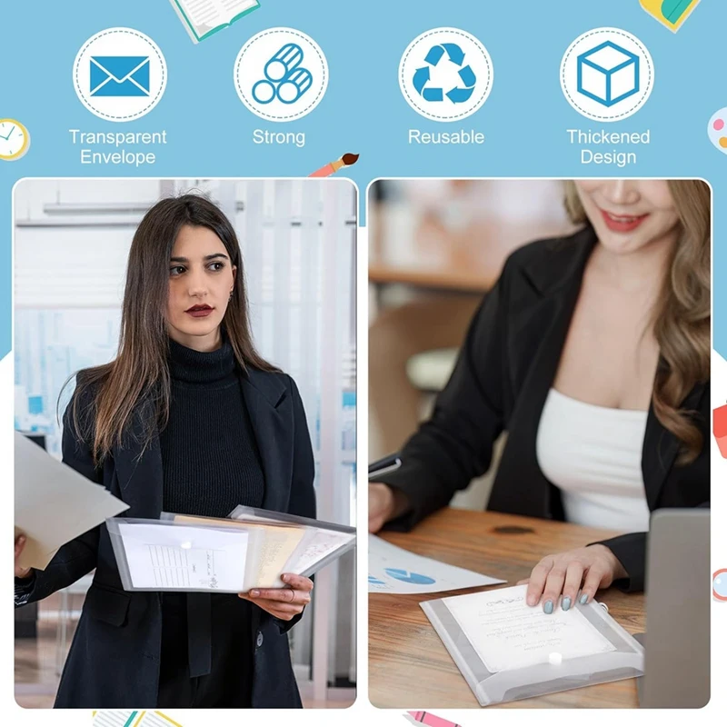 ซองพลาสติกใสพร้อมตราประทับกระดุมแบบกดติดและช่องเก็บของตาย50ซองสำหรับสำนักงานบ้านไปโรงเรียนขนาด7.08x9.44นิ้ว
