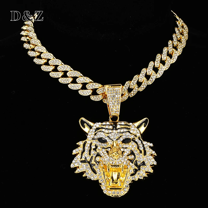 D&Z Tiger Head Pendant  With 13mm Rhinestones Miami Cuban Chain HipHop Iced Out Bling Necklaces Fashion Jewelry For Man