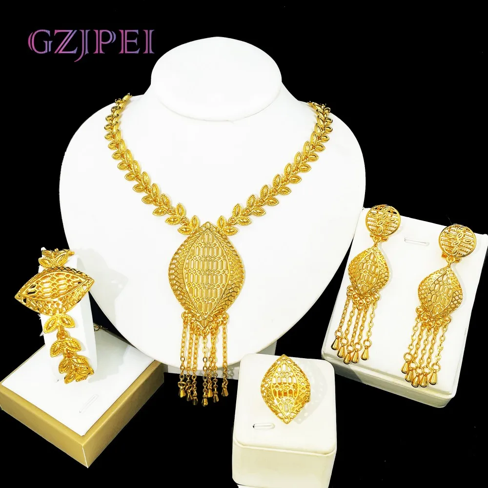 

GZJPEI 2025 New Tassel Jewelry Set Design Wheat Chain Necklace Bracelet 18K Gold Plated Long Earring Ring For Women Wedding Gift