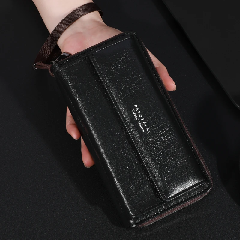 Men\'s PU Zipper Handbag Large Capacity Long Wallet Clutch Bag Phone Bag Multi Card Card Holder Coin Purse Wallet Double Layer