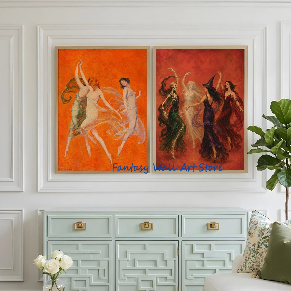 Warren B. Davis Dance of Three Muses Vintage Painting Poster Witches Dancing Circle Woman Dance Wall Picture Canvas Prints Decor