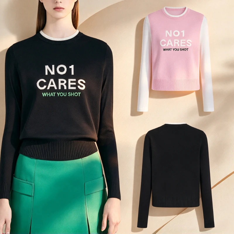 Women's Golf Knit Sweater 2026 Fall New Korean Style Letter Print Youthful Versatile Sporty Paneled Breathable Soft Cozy Warm