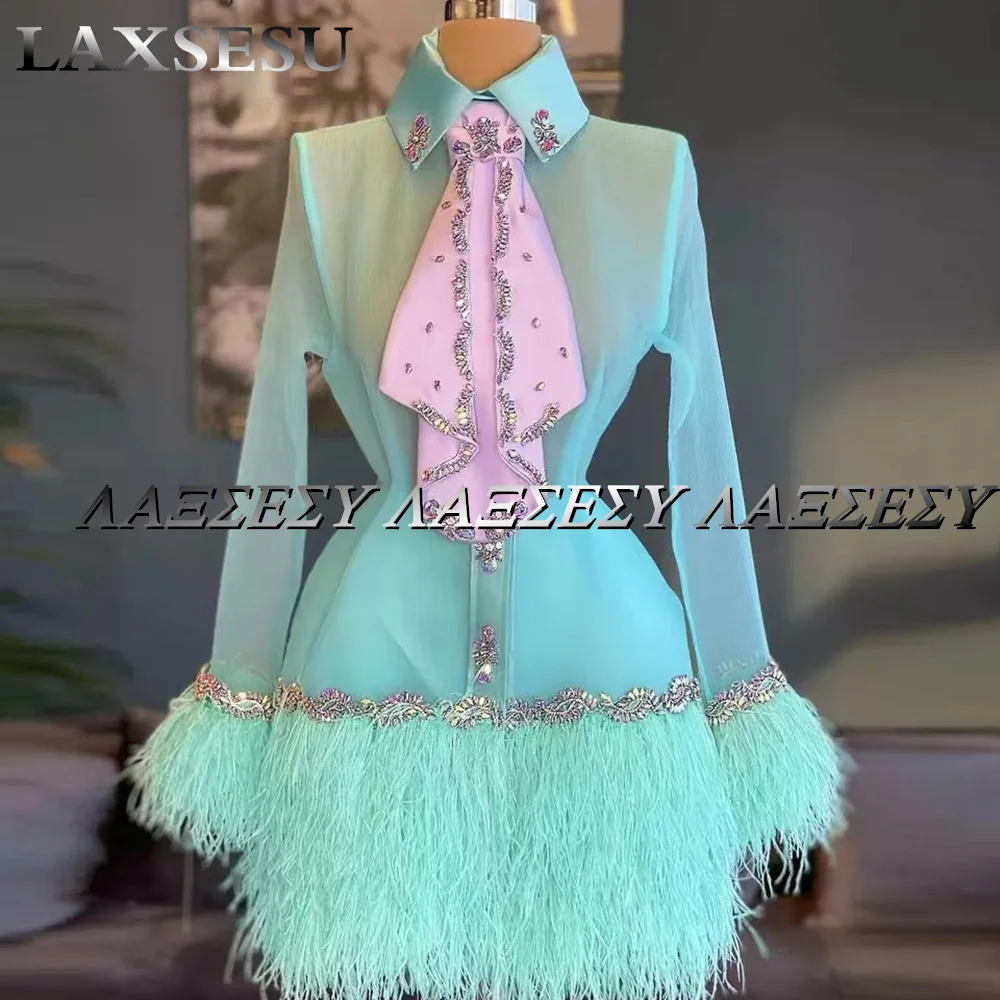 Laxsesu Fashion Cocktail Party Gowns With Tie Feathers Long Sleeves Beadings Elegant Evening Dress Plus Size 2022 Homecoming